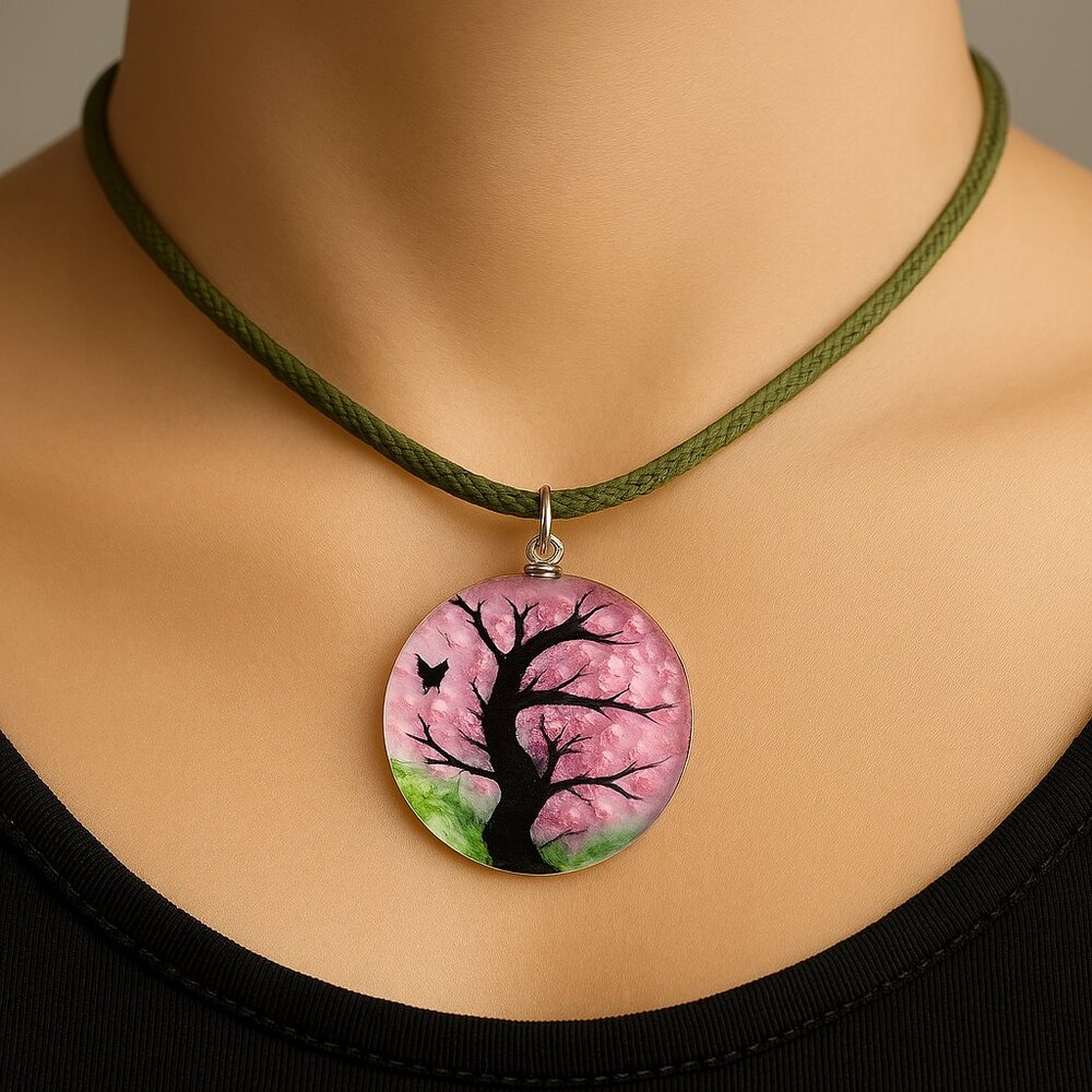 Pink Cherry Blossom Tree of Life Necklace – Round Resin Pendant on Green Cord